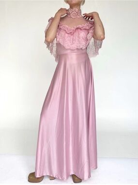 Vintage 60s JCPenney Maxi Dress Pink Satin Ruffle Lace Collared Victorian